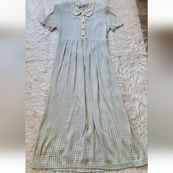Jessica Howard 10 Vtg 80s Tea Dress Back Bow Yellow Blue Cottagecore Checked - Picture 7 of 11
